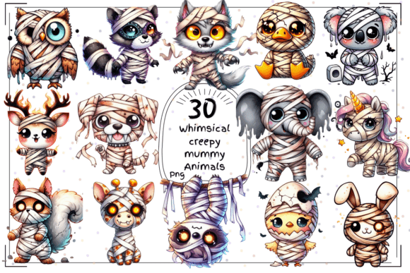 30Watercolor Creepy Mummy Animal Clipart: Your Halloween Design Secret Weapon