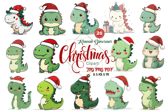 Kawaii Dinosaur Christmas Clipart: Festive & Fun Design Assets