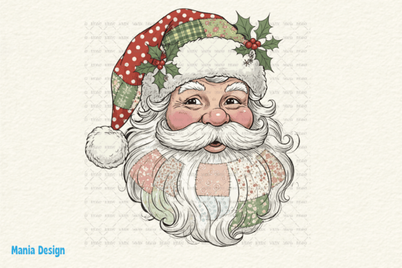 Patchwork Santa Claus Head Illustration for Festive Designs