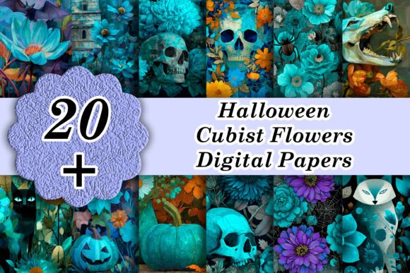 Turquoise Halloween Cubist Flowers: A Modern Design Asset