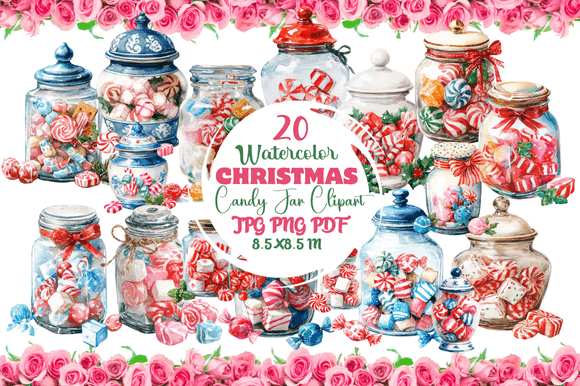 Watercolor Christmas Candy Jar Clipart: Festive Design Assets