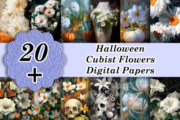 White Halloween Cubist Flowers Papers: A Fresh Take on Spooky Season Design
